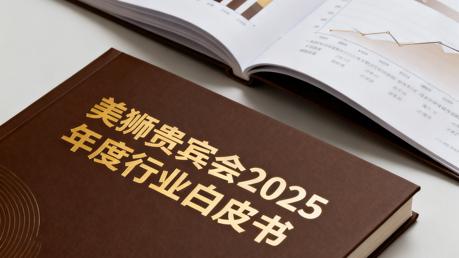 美狮贵宾会2025年度行业白皮书封面特写，封面设计简约大气以深棕与金色为主调，旁边摆放着翻开的内部数据图表页面，展示详实的行业调研数据可视化