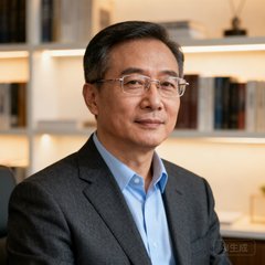 一位戴着无框眼镜、气质儒雅的中年男性企业家半身照，穿着深灰色西装搭配浅蓝衬衫，背景为简洁的办公室书架