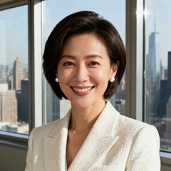 一位留着干练短发、笑容自信的女性企业家近照，穿着米白色商务套装，耳戴简约珍珠耳钉，背景为城市高楼落地窗